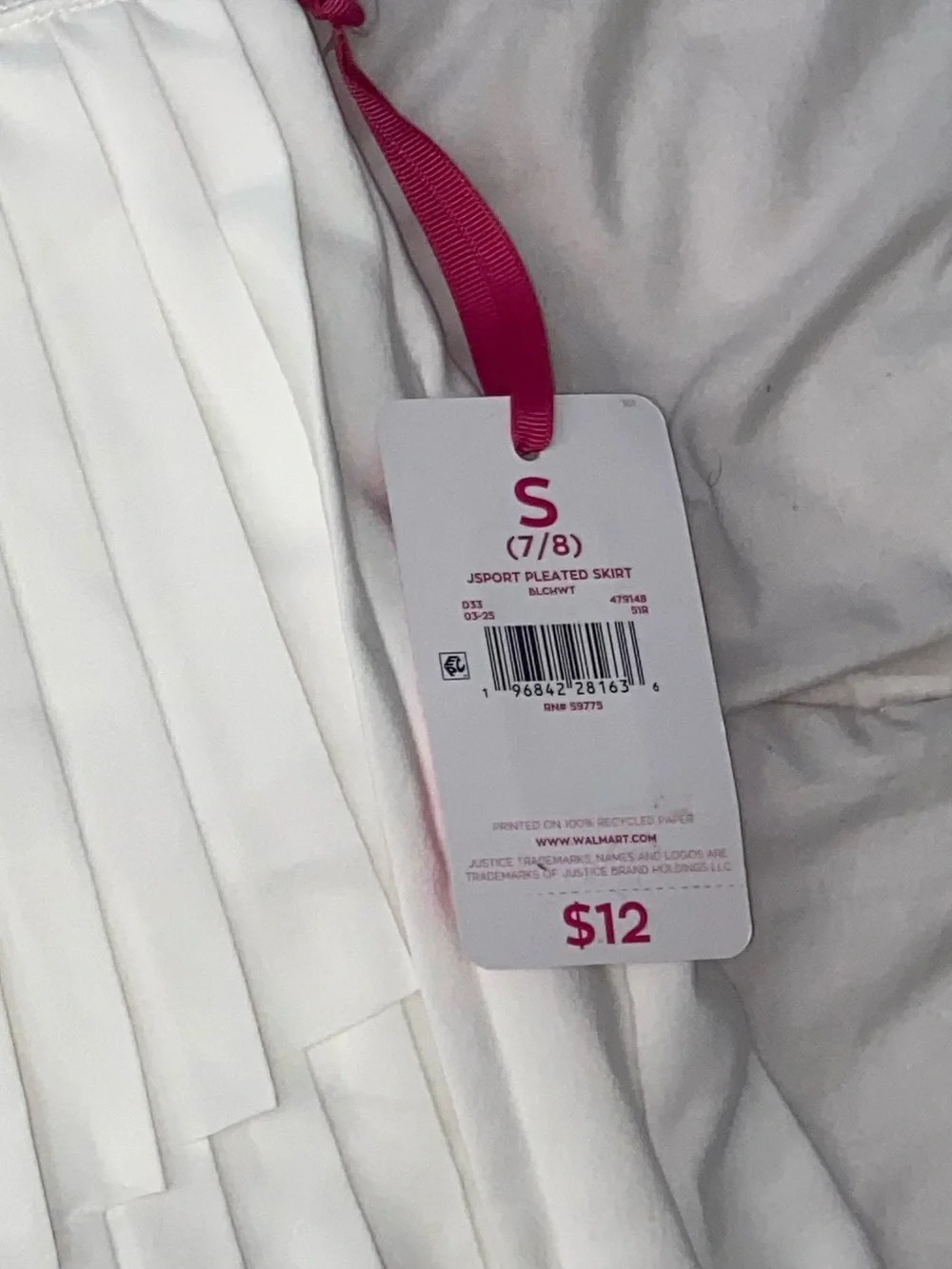 Justice Girls' White Pleated Skort with Pink Tag